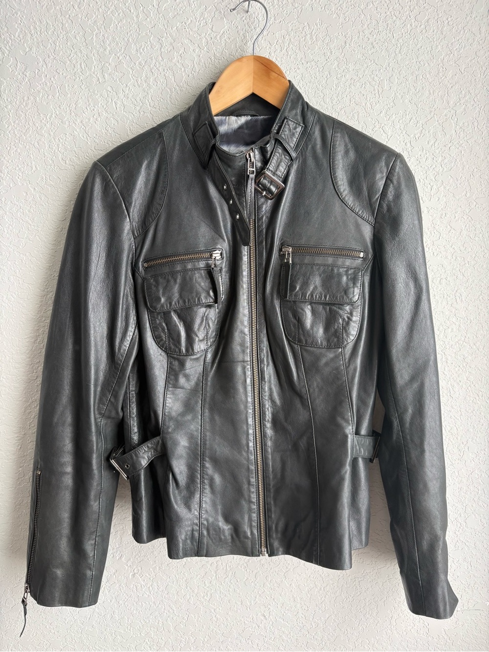 Bod & Christensen Leather Moto Jacket Women’s M black Buckle Collar Zip Utility